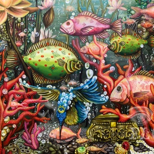 Unframed fine art print of original oil painting under the sea coral fish unique illustrative lovers eye curiosity pond bathroom A4 A3 A2 A1