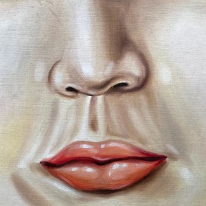 SKETCHBOOK SALE original oil painting face lips portrait girl woman kiss flesh figurative nose cheeks human skin pout mouth lipstick blush