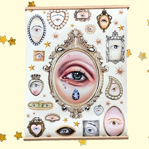 Impresión de bellas artes del ojo de los amantes victorianos en negro, blanco, rosa, azul. Colgador de carteles surrealista único inusual gothic celestial estrellas marco dorado