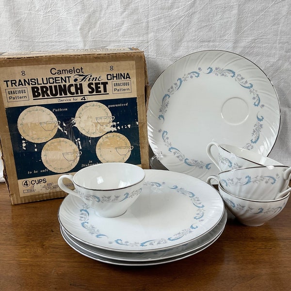 Vintage Camelot Fine China Gracious Platinum Band Snack Plate and Cup set in box - Brunch-Porcelain - This gorgeous 8 piece set is timeless