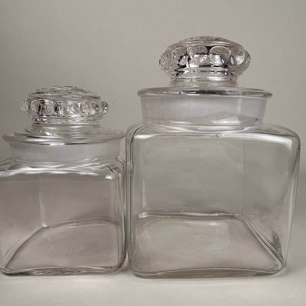 Vintage L.E. Smith Clear Dakota Glass Canisters - Square - Drugstore - Apothecary - Ground Glass Jars with Bubble Top Lids - Set of 2 Small