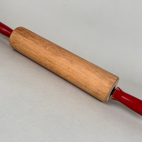 Vintage 17" Wooden Rolling Pin - Wood with Chippy Red Painted Handles - Country Kitchen - Rustic Farmhouse