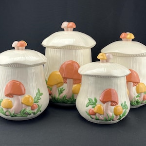 Vintage Arnels Ceramic Mushroom Canisters Jars w/ Lids 1970s - set of 4 - Orange and Brown Merry Mushroom