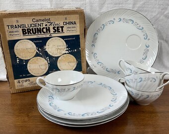 Vintage Gracious by Camelot Fine China - Snack Plate and Cup set in box - Brunch Set - Porcelain Tea and Toast Set - 8 pieces