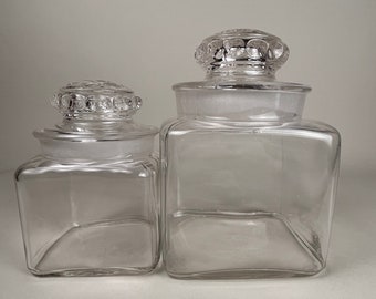 Vintage L.E. Smith Clear Dakota Glass Canisters - Square - Drugstore - Apothecary - Ground Glass Jars with Bubble Top Lids - Set of 2 Small