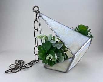 Vintage Stained Glass Hanging Planter, Terrarium or Bird Feeder