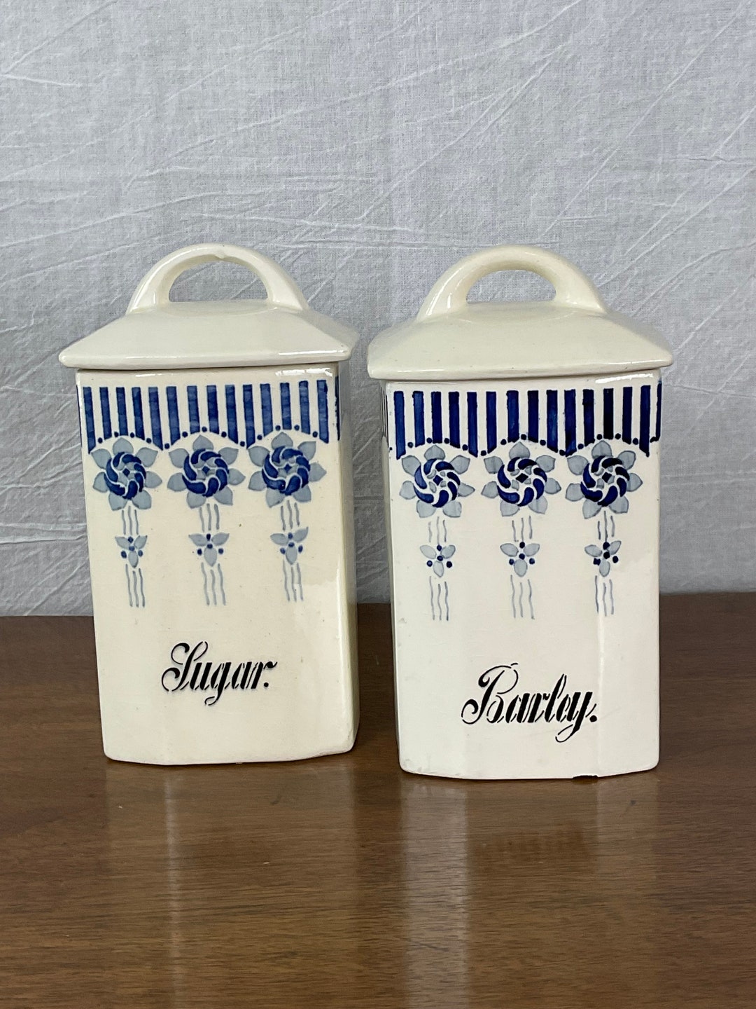 Beautiful Vintage Blue and White Canisters / Jars Made in Germany Sugar