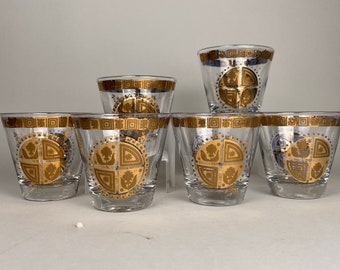 Vintage 22k Culver Coronet Double Old Fashioned Glasses - Mid Century Barware - Set of 6 - Gold Embossed