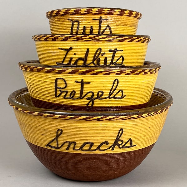 Vintage 50's Snack Bowls - Glass Snack Bowls Wrapped in Twine or Raffia - Set of 4 say Snacks, Pretzels, Tidbits, Nuts