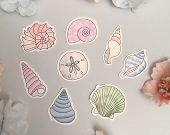Small Sea Shells Sticker Pack / Ocean Stickers / Colorful Shell Stickers / Waterproof Stickers / Laptop Decal / Water Bottle Decal / 8 Pcs