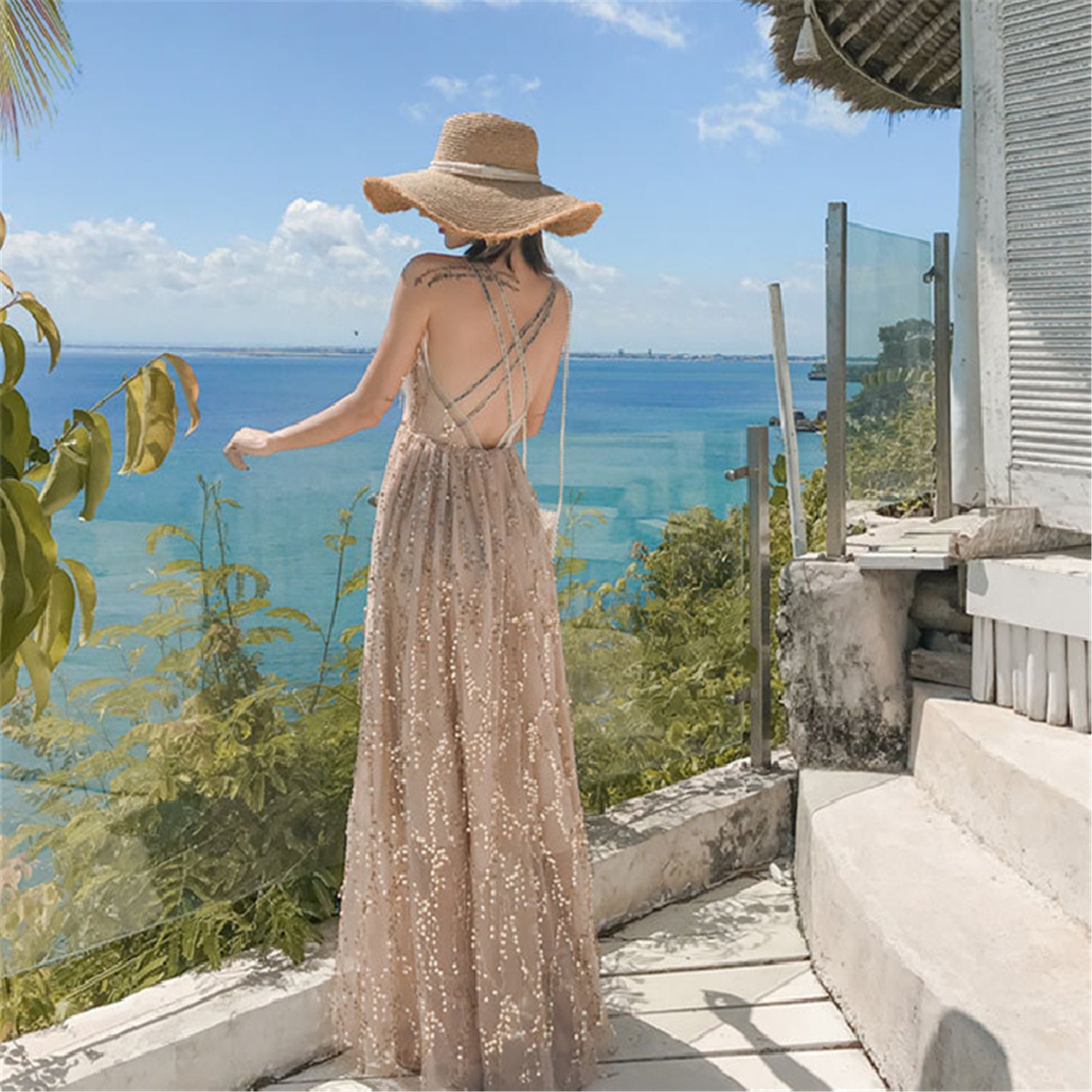 bohemian backless maxi dress