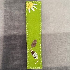 Hand embroidered rat and daisy lime green bookmark