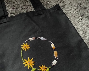 Hand Embroidered Rat and Sunflower Tote Bag