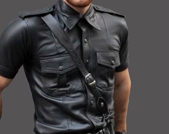 Red Cowboy Police Western Style Shirt REAL LEATHER Mens Long Sleeve Black 