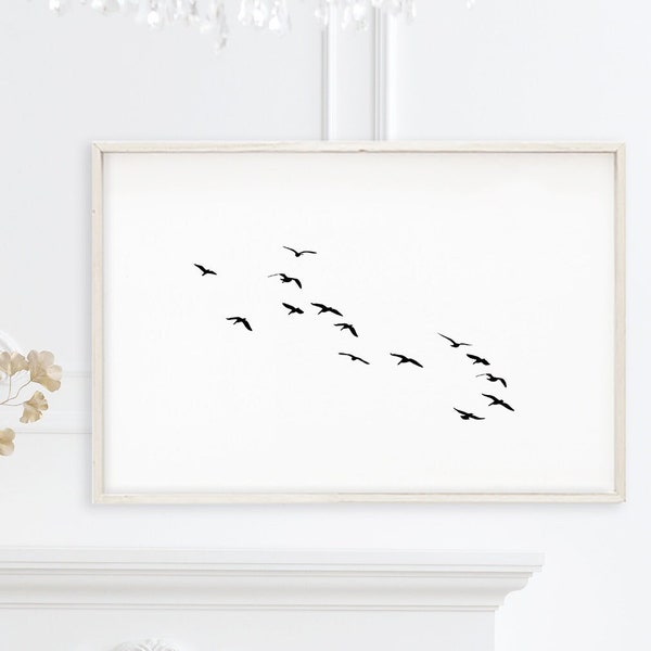 Flying Birds Simple Wall print Download Flock of birds black and white Art prints Minimalist wall art Printable Digital printable modern art