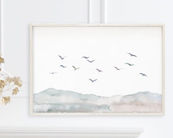 Flying Birds Wall print Download Pastel color Landscape Art prints soft colorful mountain Printable Digital painting printable nature art