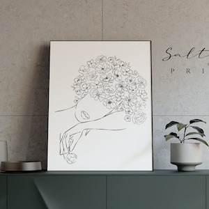 Flower head Woman wall print Girl Flowers modern decor art woman silhouette and flower woman line art hair flower women art printable