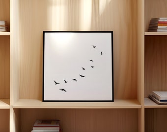 Square Flying Birds Simple Wall print Download Flock of birds black and white Art prints Minimalist wall art Printable Digital printable