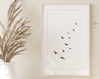 Simple Flying Birds black and white art ,Minimal birds Wall print Download,Flock of birds print, Minimalist art Printable Digital modern art