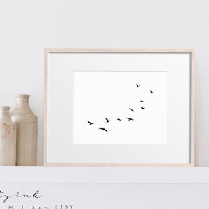 Flying Birds Simple Wall print Descargar bandada de pájaros en blanco y negro Impresiones de arte Arte de pared minimalista Imprimible Arte moderno imprimible digital