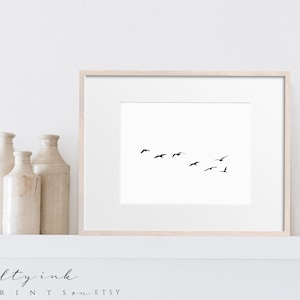 Flying Birds Minimal Wall print Descargar Bandada de pájaros impresión simple en blanco y negro Impresiones de arte Arte minimalista Imprimible Arte moderno digital