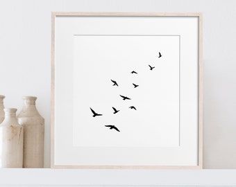 Square Simple Flying Birds black and white art,Minimal birds Wall print Download,Flock of birds print,Minimalist Printable Digital modernart