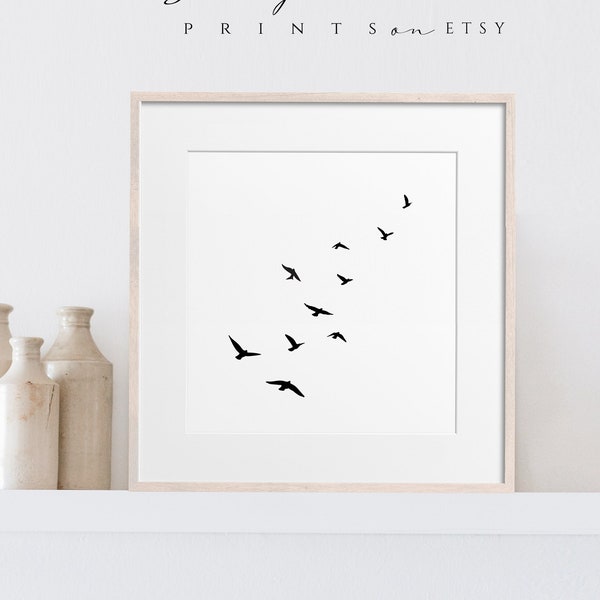 Quadratische einfache fliegende Vögel schwarz weiß Kunst, minimalistische Vögel Wand Druck Download, Vogelschwarm Druck, minimalistische druckbare digitale moderne Kunst