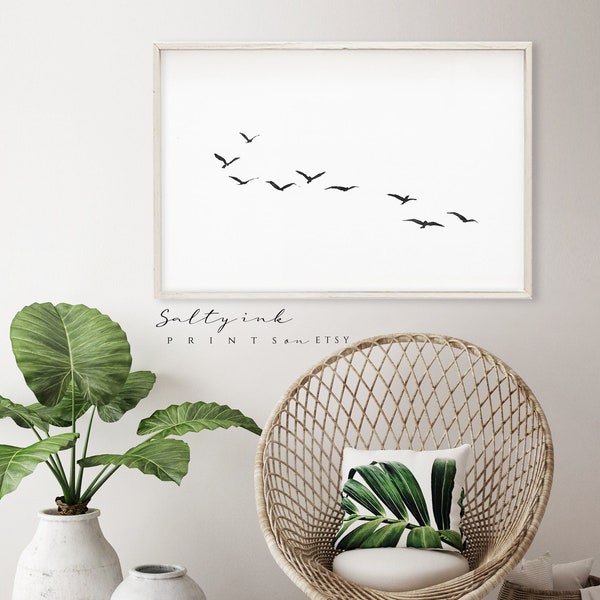 Fliegende Vögel Wandkunst, Vogel Tuschezeichnung Drucke, Vögel Kunstdrucke, Vogelschwarm Kunst, schwarz und weiß Kunst, Vogel Silhouetten Wandkunst printable