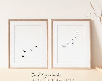 Simple Flying Birds set of 2,black and white flock of birds art ,Minimal birds Wall print Download,Flock of birds print modern art