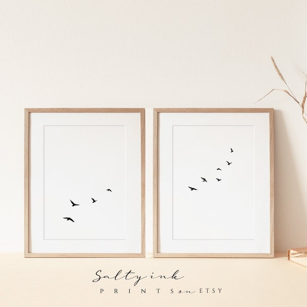 Simple Flying Birds set of 2,black and white flock of birds art ,Minimal birds Wall print Download,Flock of birds print modern art