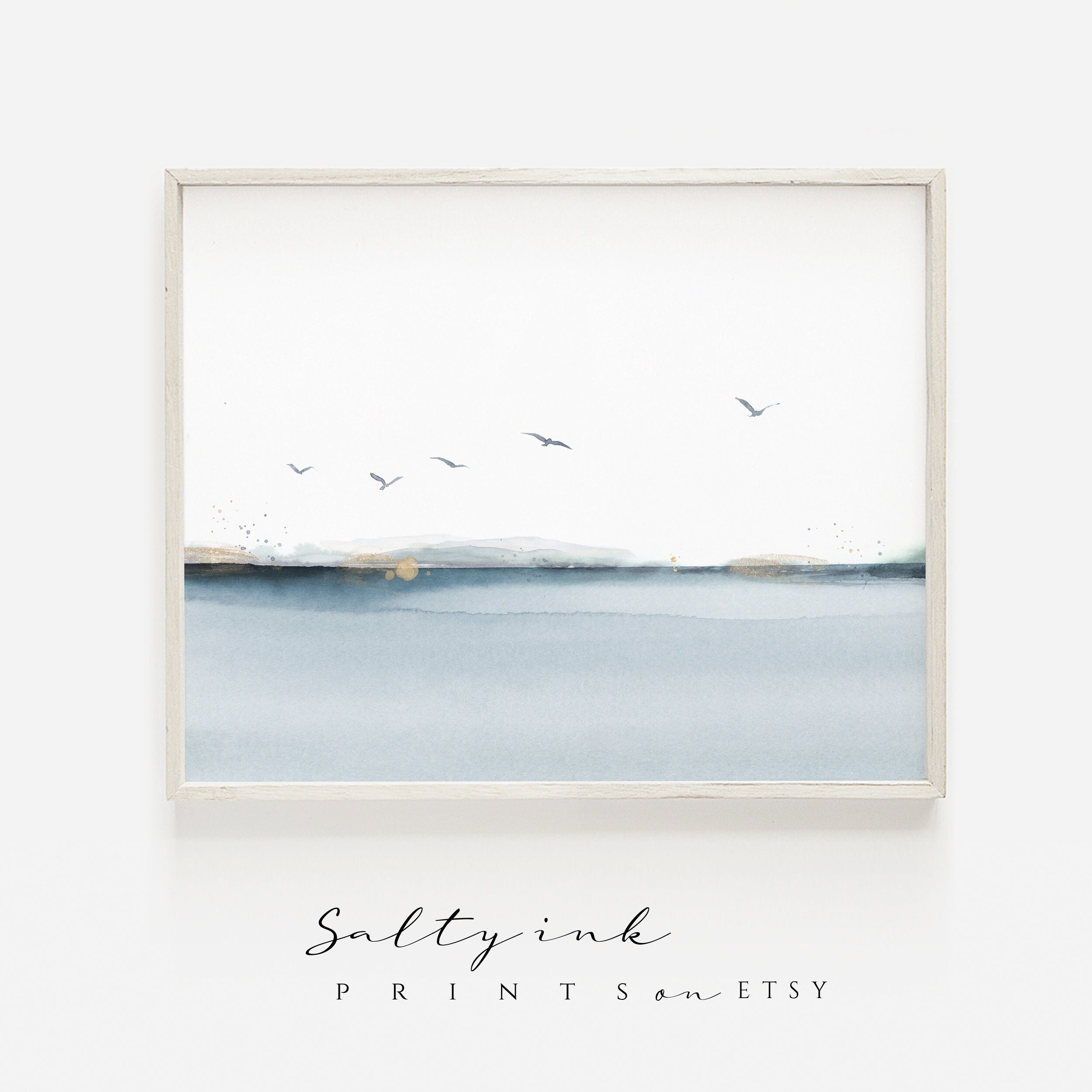 Blue Seascape Flying Birds Wall print sea blue bird print  Ocean Art print Dusty blue Gold Sea Printable Digital art simple seascape print