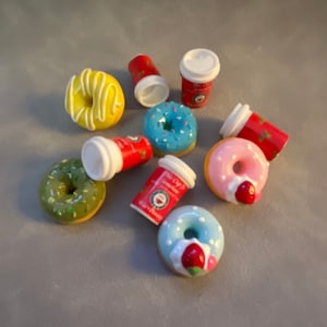 BREAK TIME, coffee and donuts. Set of 10 decorative pushpins or magnets. Resin donuts and coffee cups.