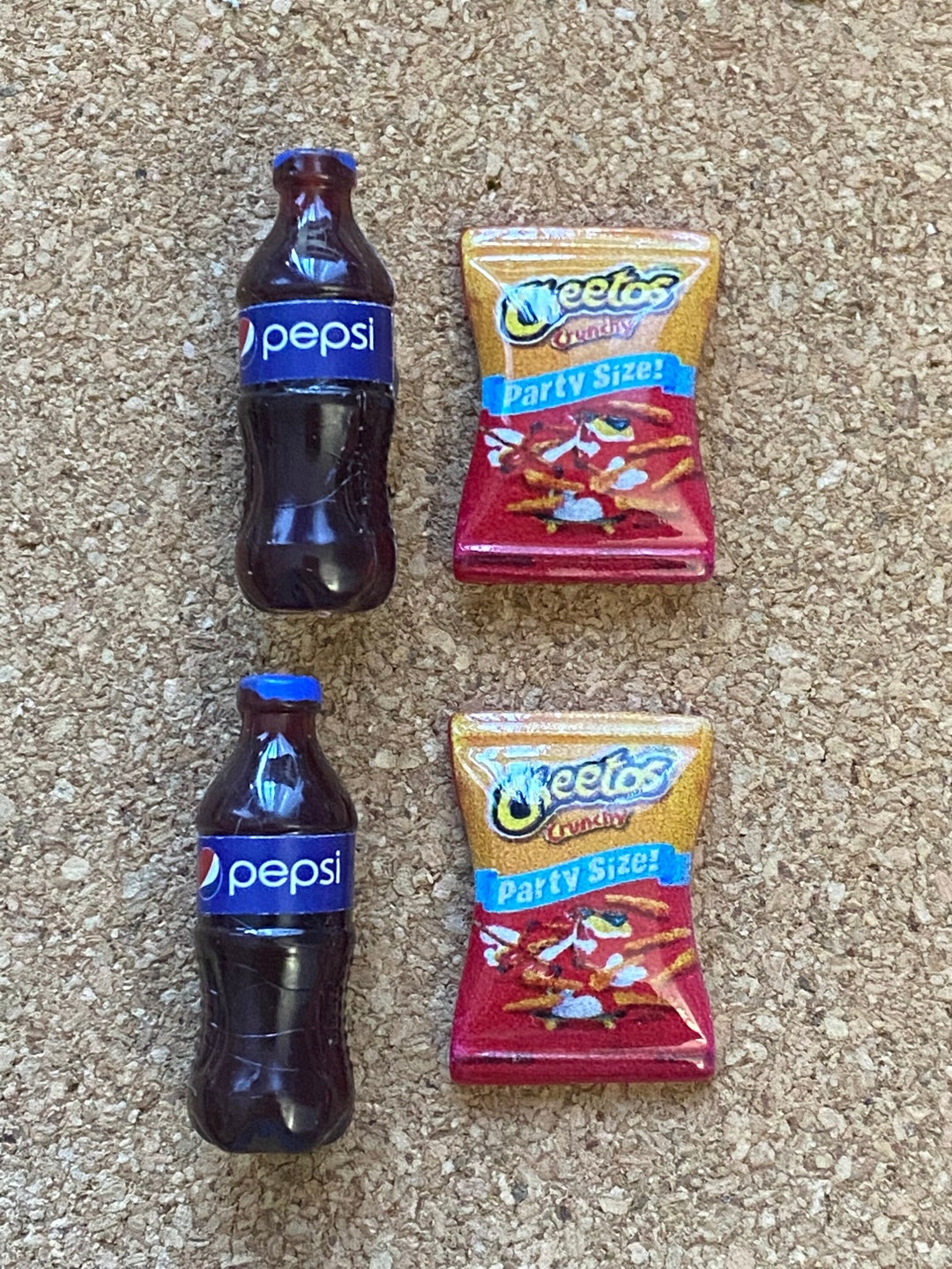 SET of 10 DECORATIVE Snack PUSHPINS, Soda and Chips Decorative Pushpins With a Flat Tack