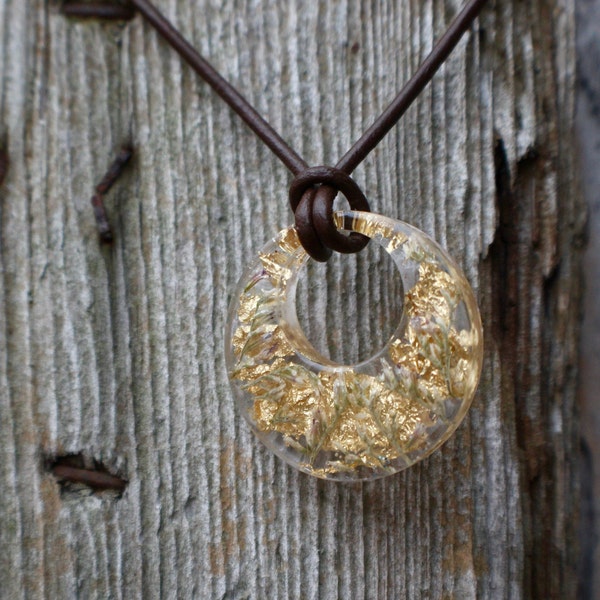 Floral and Gold Leaf Resin Necklace, Leather Cord Necklace, Flower Resin Necklace, Floral Pendant, Valentine's Day Gift