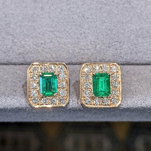 Smaragd en diamanten steker, natuurlijke smaragd smaragd, zilveren nageloorring, diamanten oorbel, zilver vergulde nageloorring