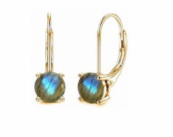 Silver Labradorite Earrings Leverback Earrings Blue Gemstone Jewelry Round Cut Earring Gift for Women