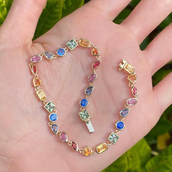 Colorful Gemstone Tennis Necklace Rainbow Crystal Chain Gold Plated Jewelry Multicolor Choker Gift