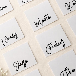 Personalised Folded Deckle Edge Wedding Place Cards: Minimalist Hand-Drawn Names