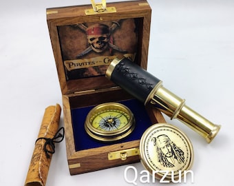 Pirates of Caribbean Kit Captain Jack Sparrow Brass Compass With Mini Telescope Leather Grip Antique Map In Wood Box Nautical Perfect Gift