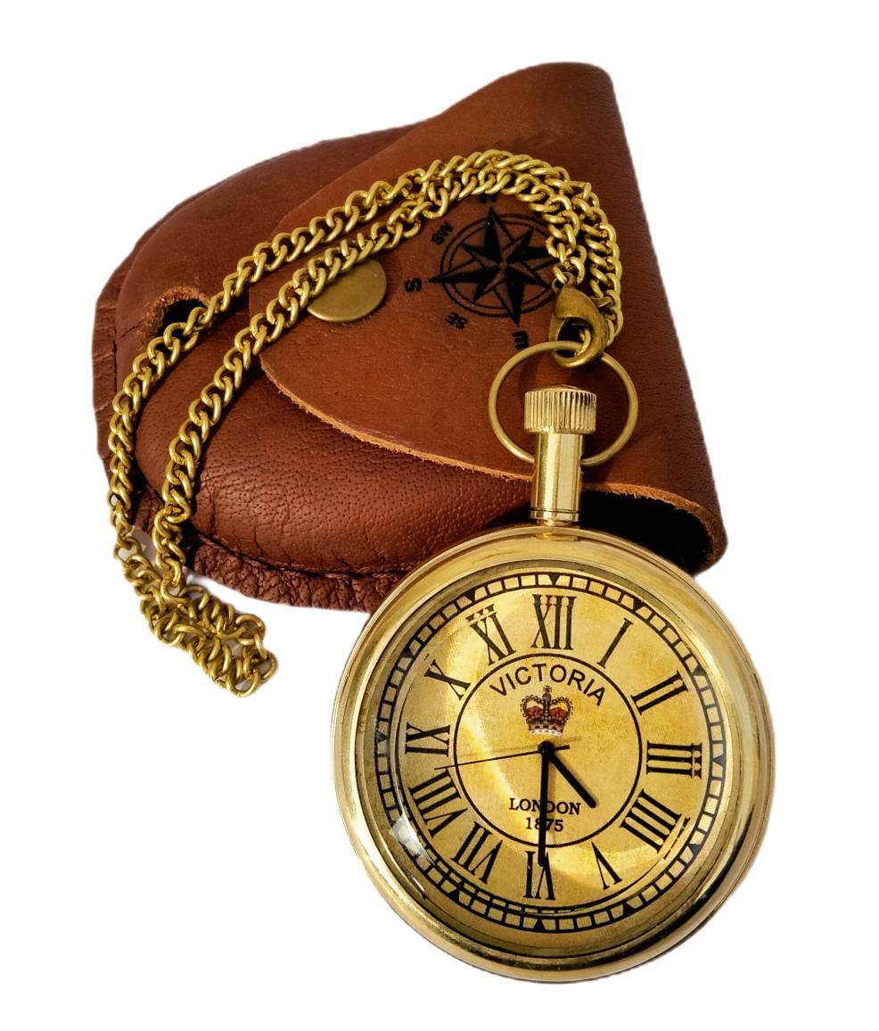 Brass Pocket watch chain with brown Leather cover gift Etsy