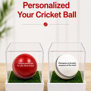 Engraved Leather Cricket Ball, Personalized Wedding Gift with Acrylic Box