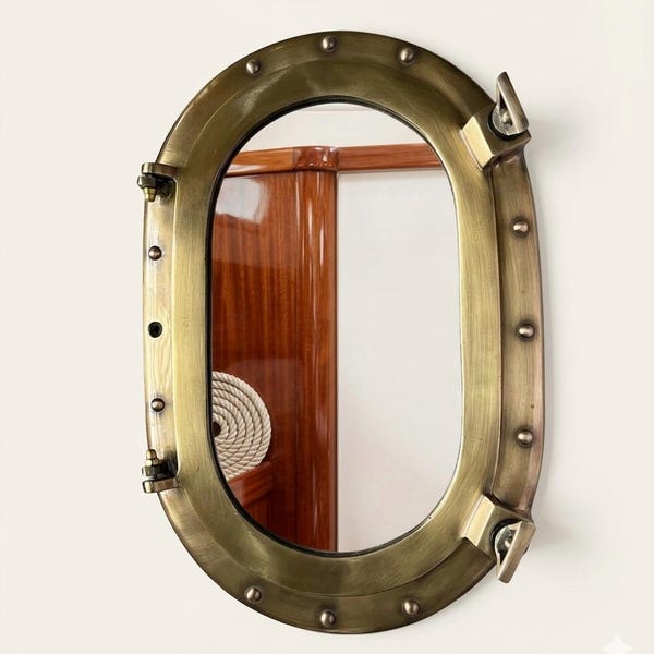 Oval Porthole Aluminum Mirror 14" Brown Finish Metal - Nautical Maritime Wall Décor - Window