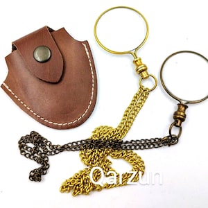 Collier loupe avec chaîne et étui en cuir - Monocle rond - Lecteur de page - Mini loupe pendentif en laiton