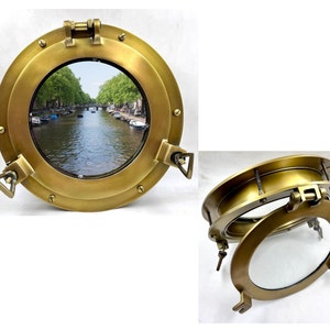 12&quot; Aluminum Brown Finish Metal Canal Boat Porthole Double Glass - Nautical Maritime Wall Decor - Window