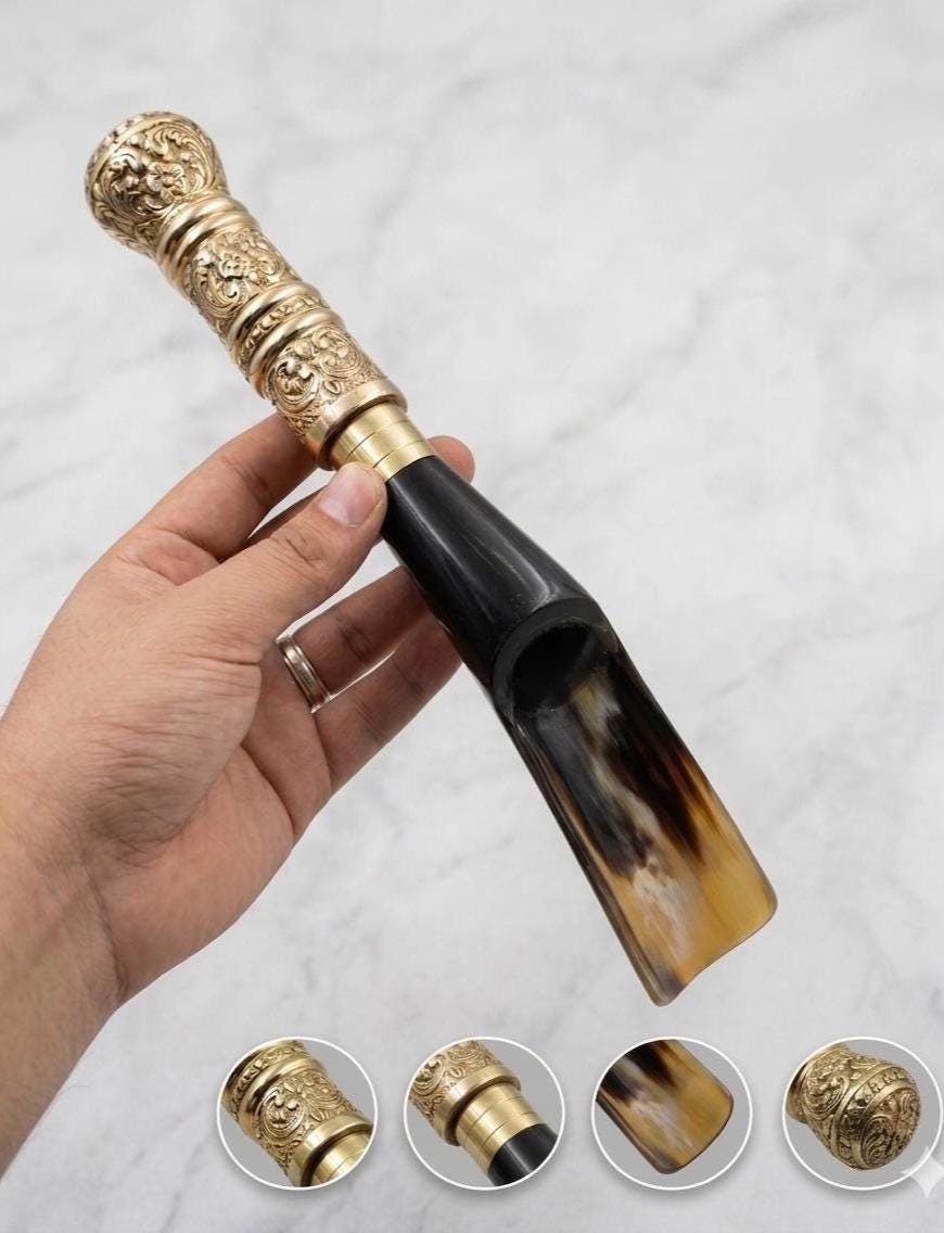Handmade Horn Shoehorn with Brass Handle - 11" Long
