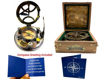 Brass Nautical - 5 inches Large Sundial Compass in Rosewood Case Top Grade Calibrated and Compass Greeting Included Vintage Gift