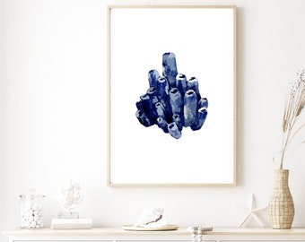 Navy Blue Coral Wall Art Print Hamptons Inspired Coastal Art Print Blue Hamptons Coral Artwork Coastal Wall Decor Dark Blue Coral