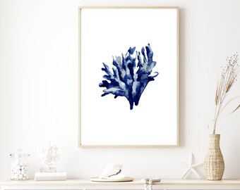 Navy Blue Coral Wall Art Print Hamptons Inspired Coastal Art Print Blue Hamptons Coral Artwork Coastal Wall Decor Dark Blue Coral