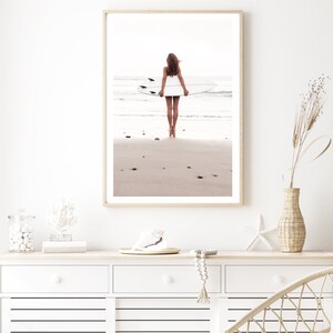 Surfer Girl Wall Art Print Coastal Art Print white Surf Board Beach Sunset Sunruse Artwork Girl With Surf Board Beach Ocean Photographic Art