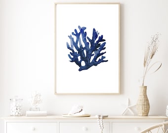 Navy Blue Coral Wall Art Print Hamptons Inspired Coastal Art Print Blue Hamptons Coral Artwork Coastal Wall Decor Dark Blue Coral